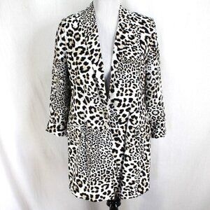 Chicos Animal Print Blazer Jacket Size 0 S Black Tan White 3/4 Sleeve Open Front